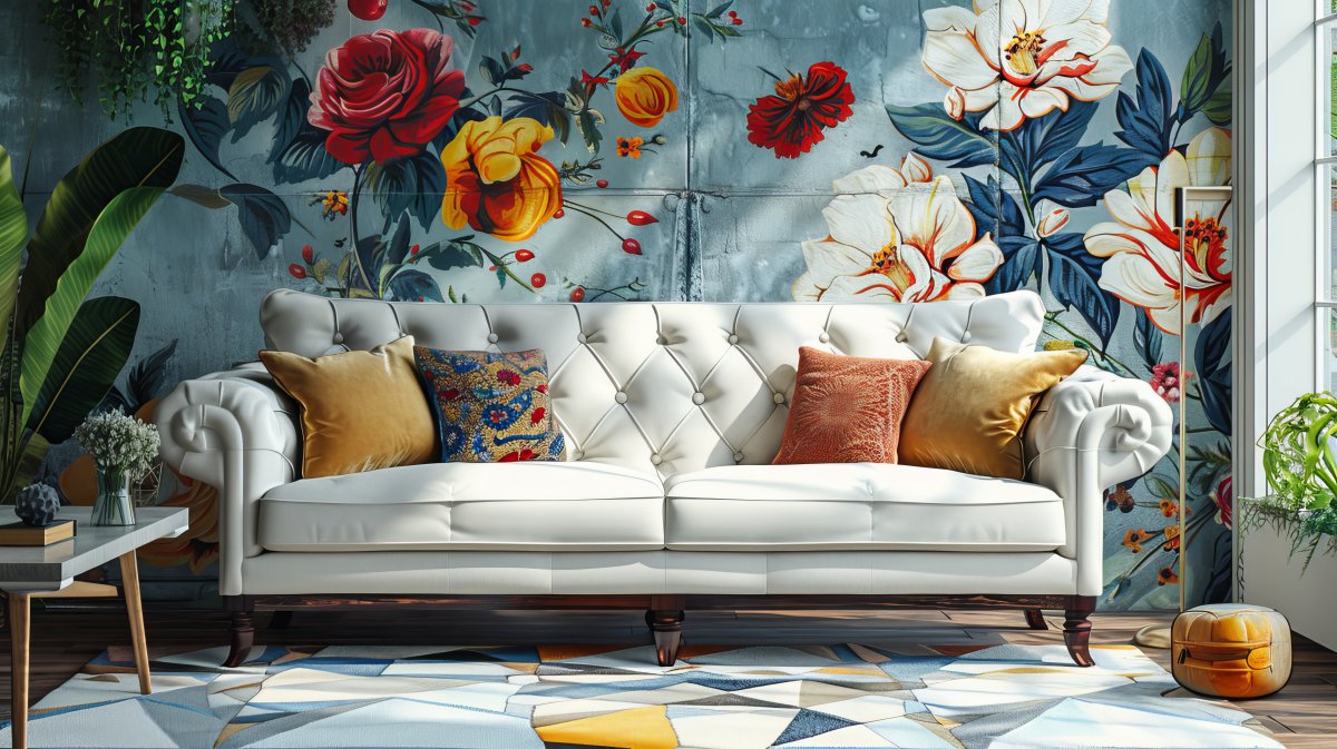 living-room-with-white-sofa-floral-wallpaper